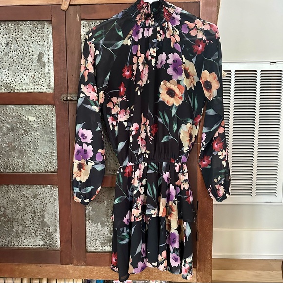 Yumi Kim Class Act Long Sleeve Floral Mock Neck Ruffle Mini Dress Black XS - Picture 3 of 8